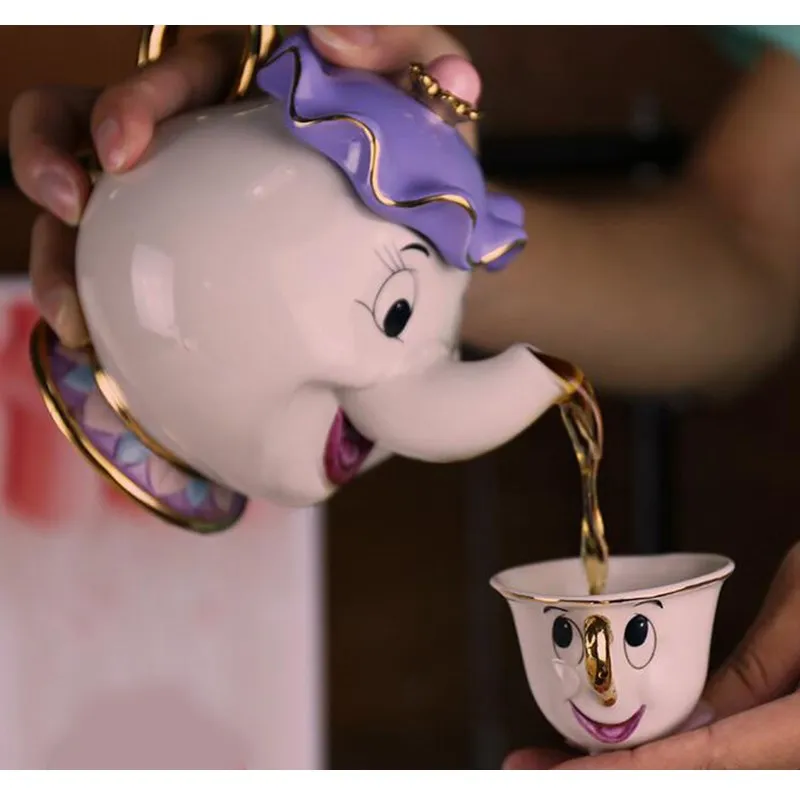 100 Gold Plate High Quality Cartoon Beauty and the Beast Teapot Mugs Collection Set Mrs Potts