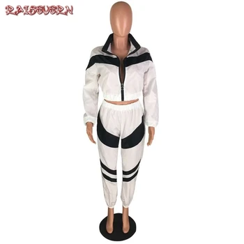

RAISEVERN 2019 Women Zipper Up Patchwork Long Sleeve Trench Pants Drawstring Suit 2 Piece Set Sporting Safari Tracksuit Outfit