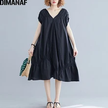 DIMANAF Plus Size Women Dress Big Size Female Vestidos Loose Ruffles Pleated V-Neck Elegant Lady Dress Black Summer 2019 5XL 6XL
