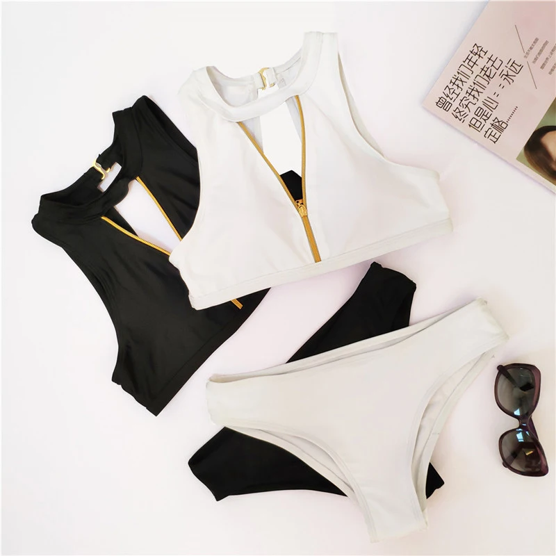 

2019 Bikini hot sale zipper bikini sets Women's Swimsuits Sexy Swimwear Solid Bikinis Bathing Suit Brazilian beachwear New