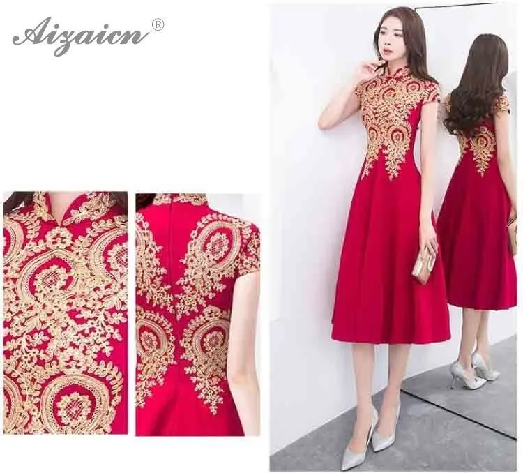 Novia moda corto rojo Cheongsam vestido bordado flor Qi Pao mujeres chino tradicional ropa Qipao Восточный vestidos de boda