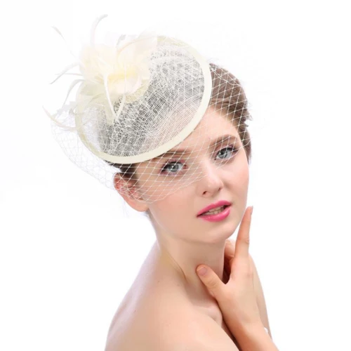 HT1793 женские шляпы для невесты, свадьбы, вечерние шляпы, женские шляпы, винтажные Коктейльные шляпы для церкви, женские шляпы с вуалью и перьями - Цвет: Слоновая кость