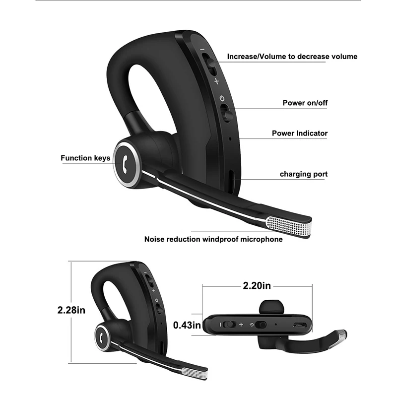 V8S Business Bluetooth Headset Wireless Earphone Car Bluetooth V4 1 Phone Handsfree MIC Music for iPhone Xiaomi Samsung