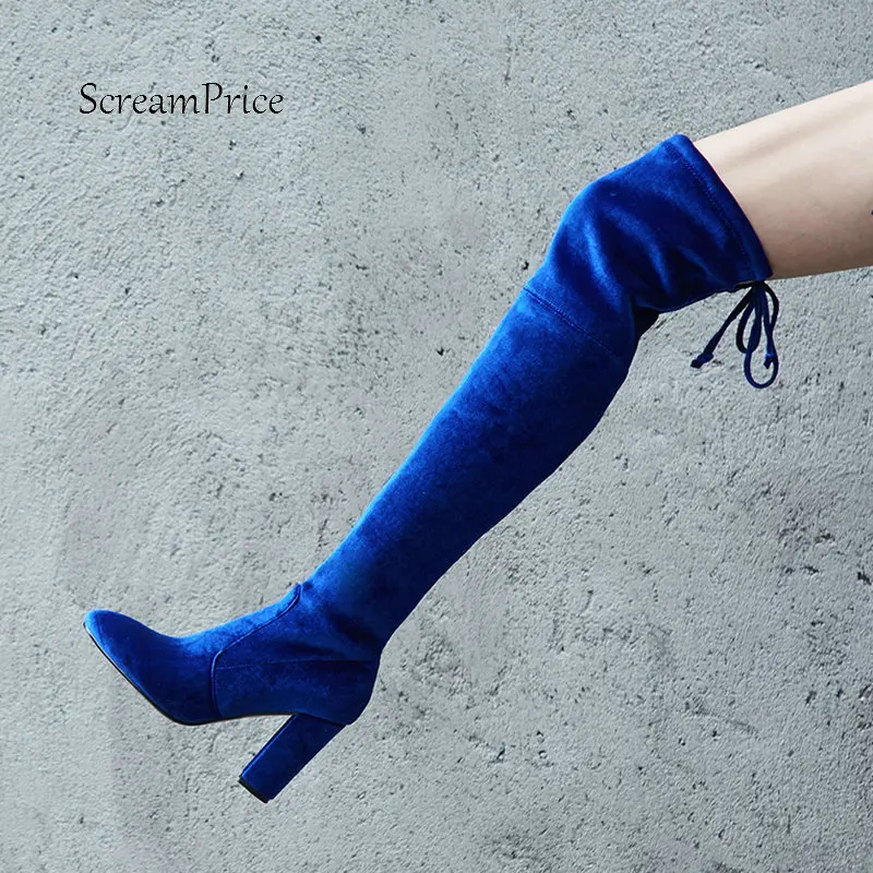 Goede Vrouwen Comfort Suede Dikke Hoge Hak Over De Knie Laarzen Mode Lace Up Puntschoen Fall Winter Stretch Dij Laarzen zwart Blauw