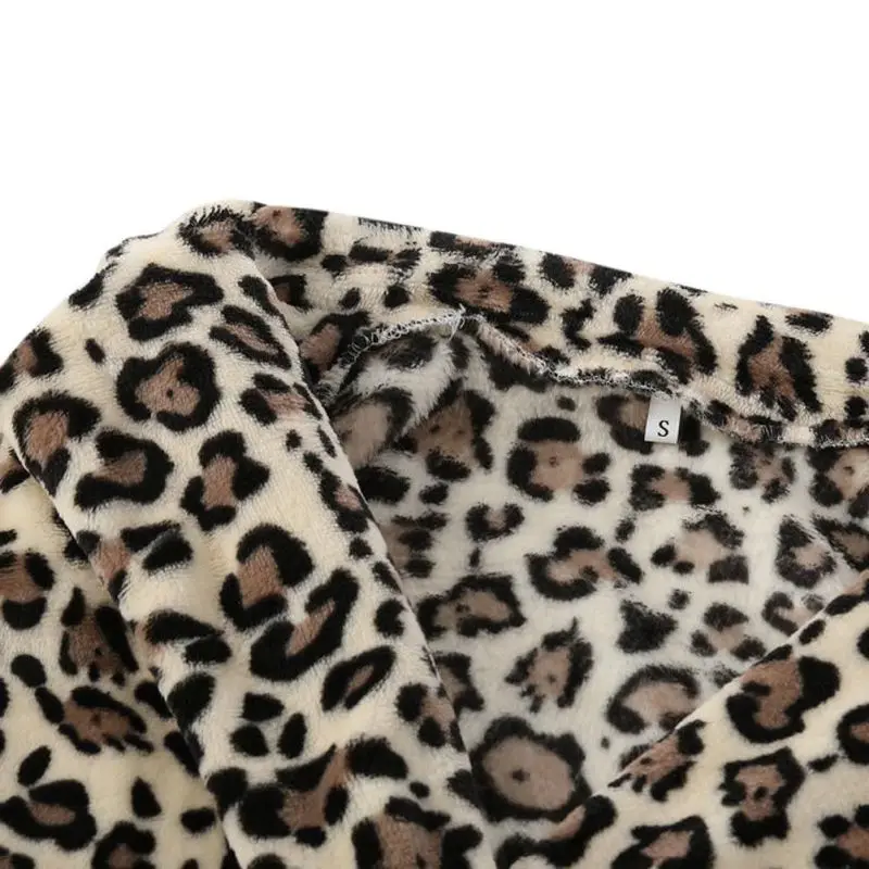 Women Winter Faux Fur Lapel Coat Warm Sexy Leopard Print Coat Fashion Long Sleeve Outerwear