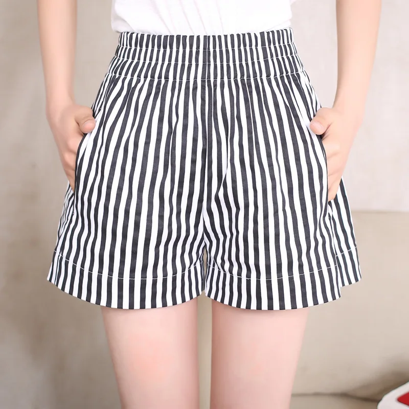 

Summer Fashion Women Loose Cotton Black White Stripes Large Short Pants Simple Cool Ladies Party Shopping Office Shorts 4XL