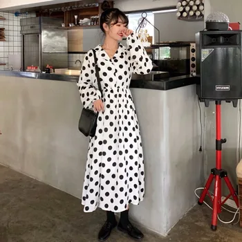 

Lychee Girls Vintage Dot Women Dress Long Sleeve V Neck Long Dresses Causal Loose Dress Female