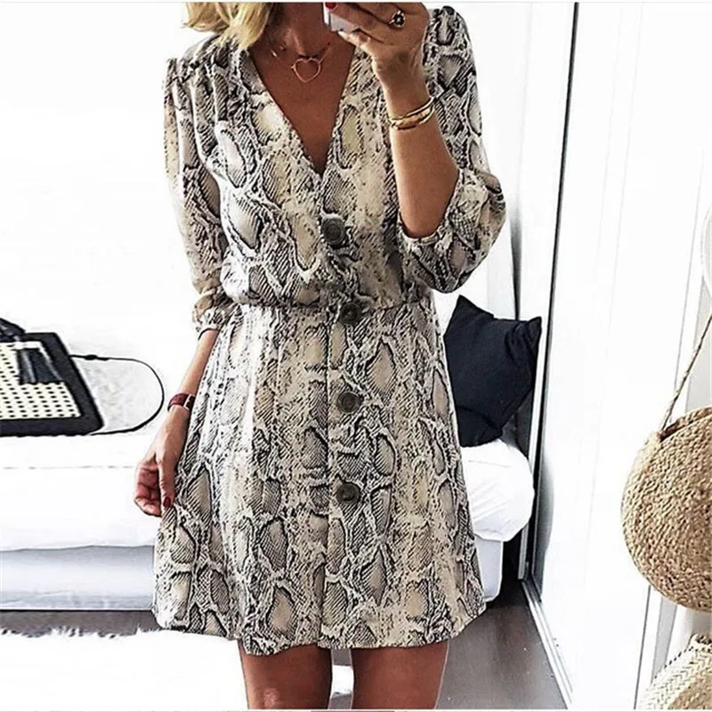 New-Arrival-2018-Women-Fall-High-Street-Style-A-line-Casual-Dress-Autumn-Snakeskin-Printed-Half