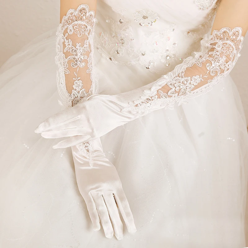 Длина до локтя длинные красные женские свадебные перчатки полный палец белые перчатки для невесты атласные кружевные стразы вечерние танцевальные перчатки для косплея