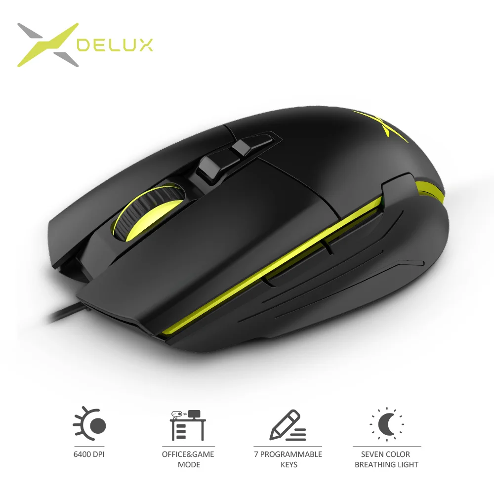 

Delux M522 Gaming&Office Dual modes Wired Mouse 6400 DPI 7 Programmable Buttons Skin-like material Mice with Backlight For FPS