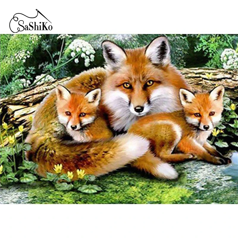 

Sashiko 100% Full DIY 5D Diamond Painting Fox Family Stitch Diamond Embroidery Patterns Home Decoration