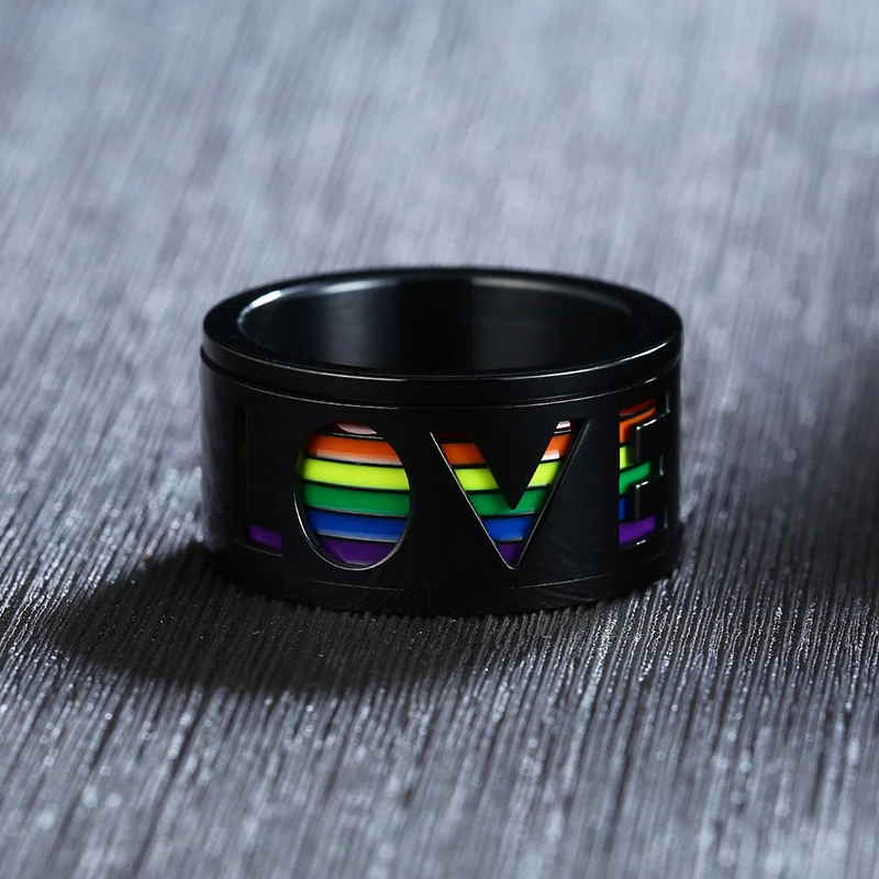 Mens Spinner LOVE Ring With Enamel Rainbow Inlay Stainless Steel Gays Lesbians LGBT Pride Flag Band Engagement Jewelry