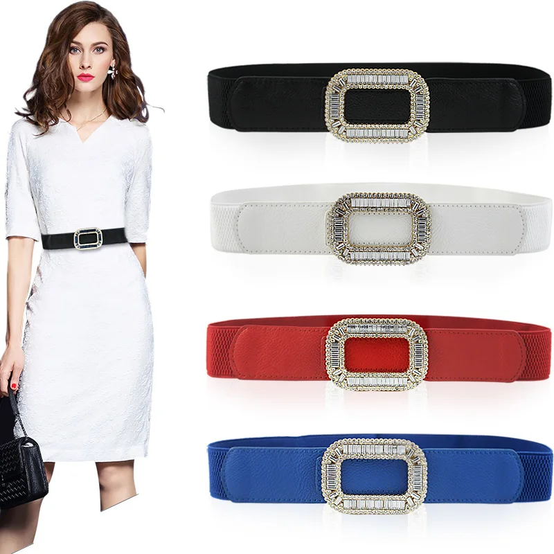 2019 New Arrival Ladies Fashion Diamond Square Buckle Elastic Waist Belt Dress Access Leather Women Hot Sale Matching Dress Belt