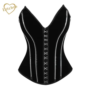 

Black Steel Boned Corset Overbust Button Front Punk Style Burlesque Performance Clothing Women Fashion Bustiers 2018 New Top