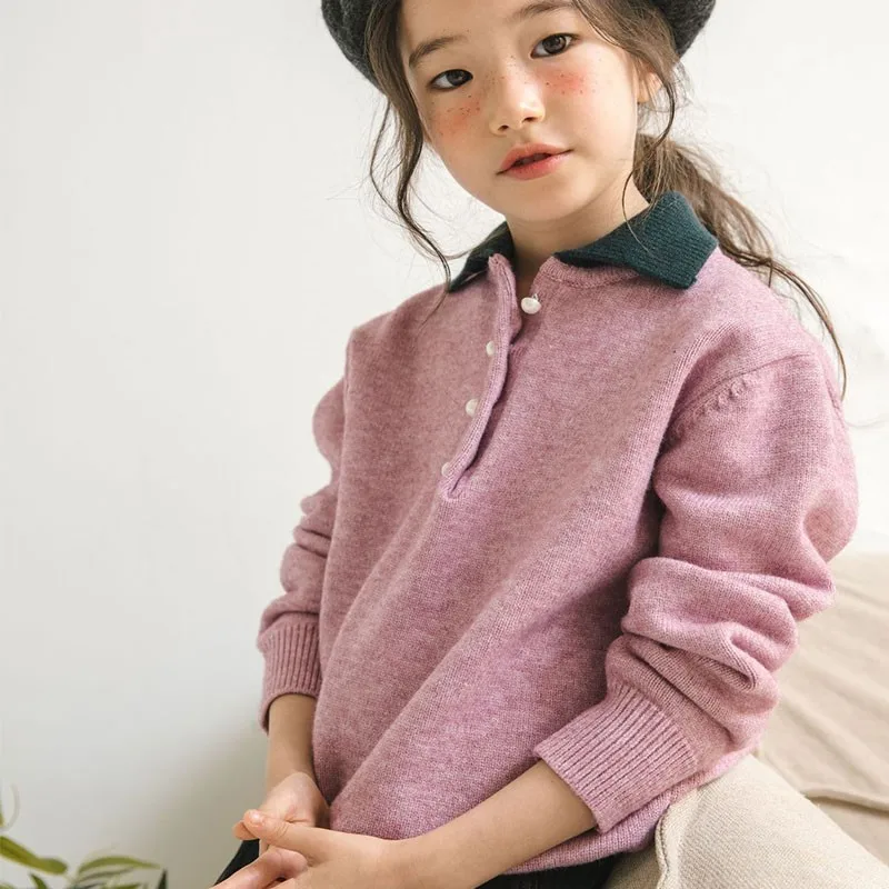 

knit teenage Girls Knitted Sweater Autumn Winter turn down collar school purpleToddler Sweaters Casual Knitwear Kids Clothes