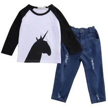 2pcs!!Autumn Spring Toddler Infant Kid Baby Girl Boy Clothes Long Sleeve Horse T-shirt Tee +Denim Pants Outfits Set