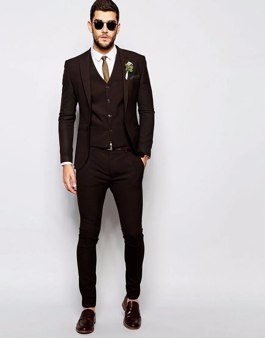 

(Jacket+Pants+Vest+Tie) Fashionable Brown Groom Tuxedos Groomsmen Mens Wedding Suits Prom Bridegroom