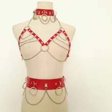 Для женщин панк Жгут красный кожаный ручной Связывание женский Harajuku нагрудный ремень Пояс пикантные серебряные цепи бюстгальтер O- круглый