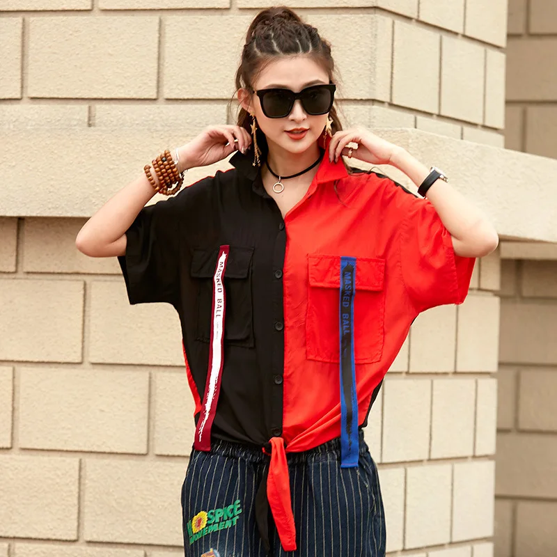 Max LuLu модные корейские дизайнерские женские сексуальные топы, женская одежда с коротким рукавом рубашки блузки на каждый день сорочка для женщин размера плюс - Цвет: Black Red Patchwork