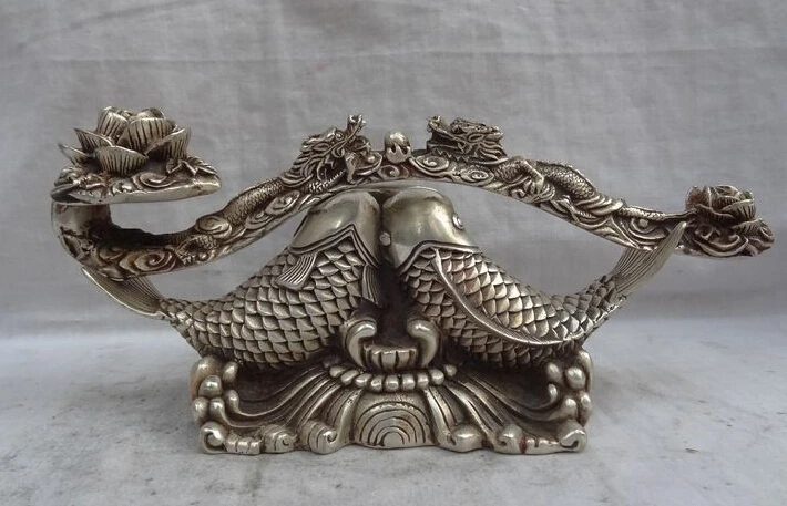 

JP S0606 10" Chinese Silver FengShui Lotus 2 Myth Dragon Xi Ball Fish Statue Bronze RuYi