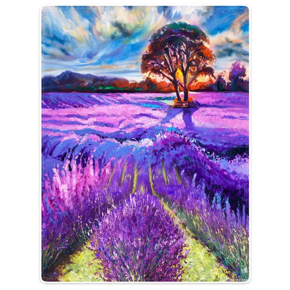 

HommomH Blanket Throw Comfort Warm Soft Plush Throw For Sofa Colorful Lavender Flowers Sea Sunset Oil Painting Purple