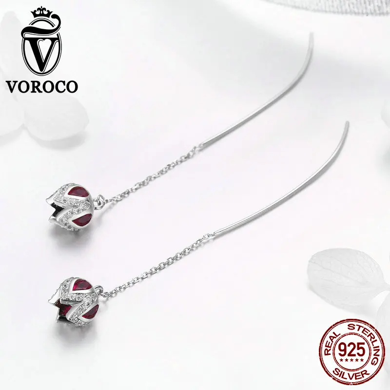 VOROCO, 925 пробы, серебряные женские серьги, тюльпан, цветок, висячие серьги, классические Серебряные длинные серьги, розовый CZ, хорошее ювелирное изделие, BKE504