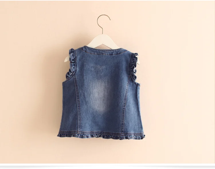 2019 de mezclilla de las muchachas bebé de moda con volantes pantalones vaqueros chaleco niños cuello redondo chaqueta sin mangas primavera ropa de niña pequeña|baby girl denim vests|girls