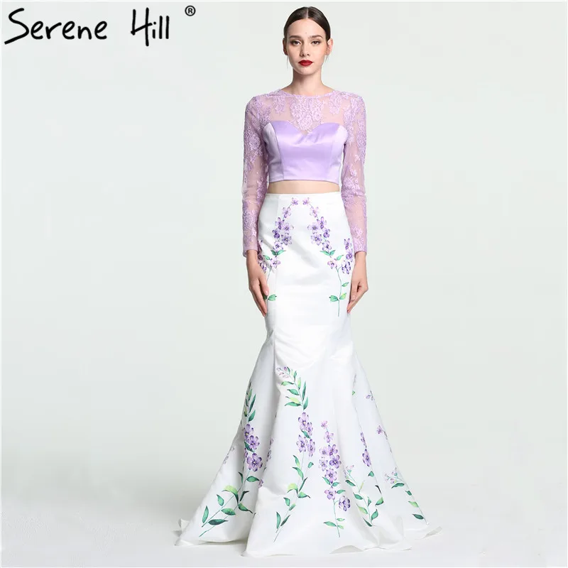 Two Pieces Sexy Printing Pattern Evening Dresses 2018 Long Sleeves Mermaid Satin Prom Dress Serene Hill LA6116 | Свадьбы и торжества