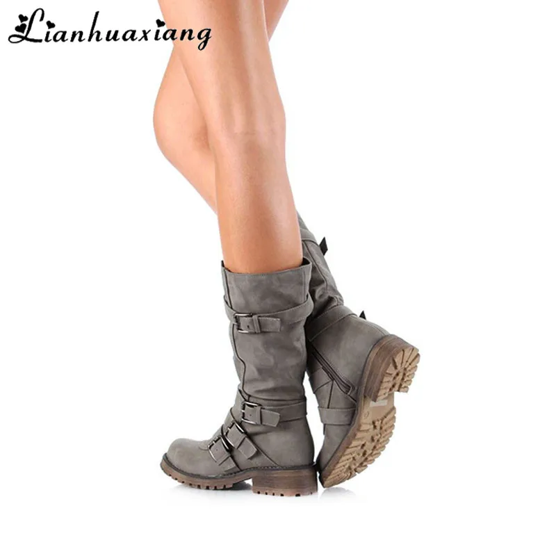 

Lianhuaxiang Women Leather Suede Winter Boots 2019 New Fashion Wedge Mid Calf Sexy Round Toe Thigh High Buckle 7N0118