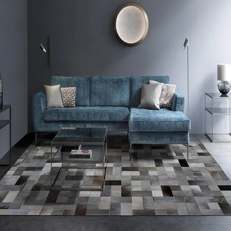 Простой норвежский стиль естественных коровья кожа меховая нашивка работы ковер, натуральный мех серый клетчатый ковер для гостиной декоративный коврик