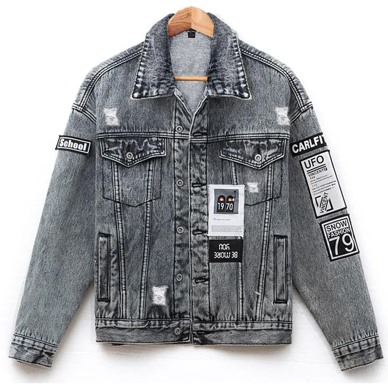 

Patchwork Vintage BF Denim Jacket Women Spring Basic Coat Holes Loose Jeans Jacket Single Breasted coats and jackets women