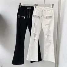 Весна и осень женские черные белые джинсовые трикотажные хлопковые брюки джинсы повседневные Стрейчевые расклешенные тонкие джинсы