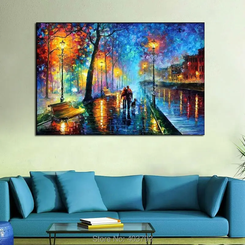 

Landscape Hand-Painted Unframed Oil Wall Art Lovers Walking Under Lamp Home Decoration Canvas Oil Painting For Living Room