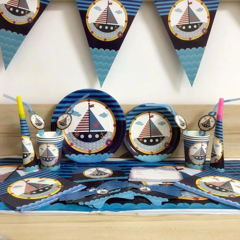 

Party Supplies Blue Sailing Boat Theme Disposable Tableware Sets For Kids Birthday Party Decoration Supplies Kids Favor