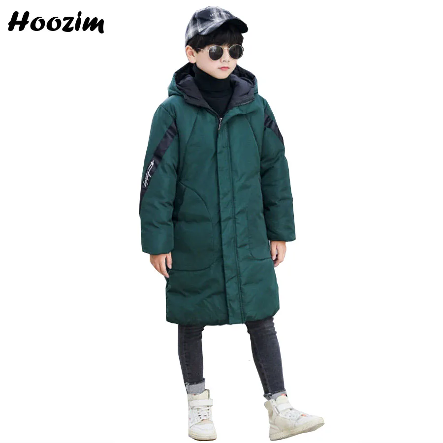 

Winter Green Long Jacket For Boys Fashion Red Thick Warm Hooded Parka Children European Ribbon Insert Sleeve Jacket For Girls