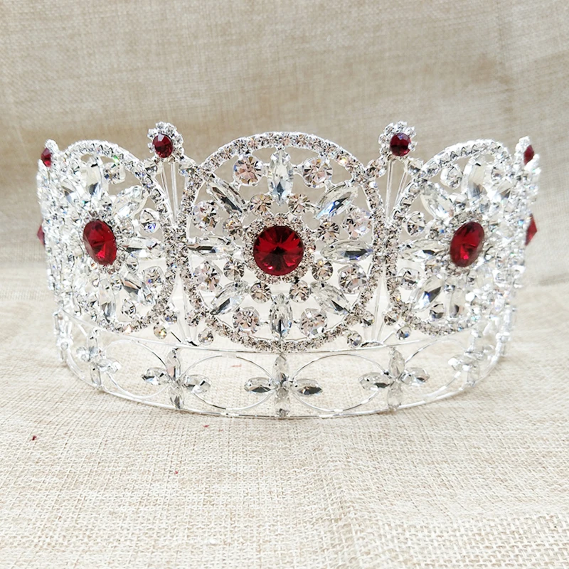 Большая благородная красная полная блестящая корона miss world rhinestone Круглый полный тиара Корона+ серьги соответствующие в розовом/красном/белом цвете