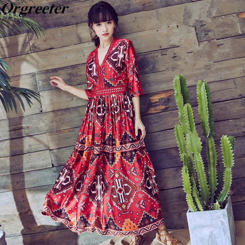 

Orgreeter Vintage National style Women Summer dress totem print Three quarter sleeves chiffon Long dress Holiday beach Dress