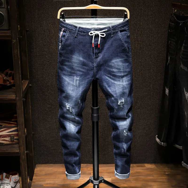 Men's Loose Straight Barrel Elastic Trend in Spring 2019 Puncture Patch Jeans Men's MP347
