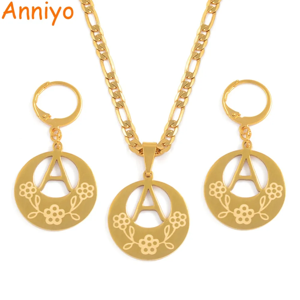 Anniyo A-Z Pendant Necklace sets Gold Color &amp Stainless Steel Initial Letter for Women Girls English Alphabet Jewelry #039121P |