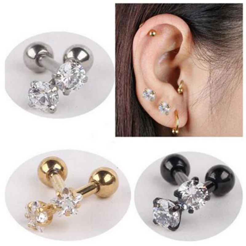 

2Piece Gold Silver Black Surgical Stainless Steel Earrings Stud Punk Love Heart Zircon Ear Tragus Ear Piercing For Men Women