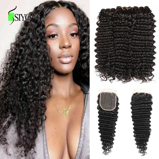 Siyo Brazilian Deep Curly 3 Bundles with Closure Wet and Wavy Human