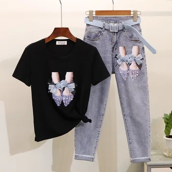 

Summer Tee Shirt Vintage Jeans Set Women 2020 Sequin Print Short Sleeve T-shirt High-waist Jeans Pant Fashion Two Pieces Outfits