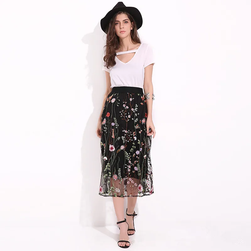 

2019 New Fashion Women Mesh Long Skirt Vintage Floral Embroidery Elegant Female Skirts Plus Size 5XL