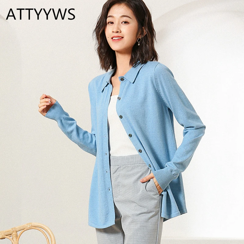 

ATTYYWS Spring and Autumn Women's Solid Color Long Sleeve Knit Cardigan Lapel Slim Jacket Sweater Regular Women's New Sweater