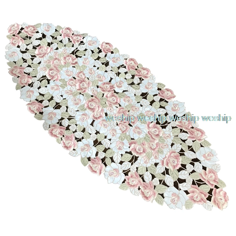 

High-end luxury pink flowers embroidery cloth art European style Ellipse table runner / table cloth Eat mat Table mat