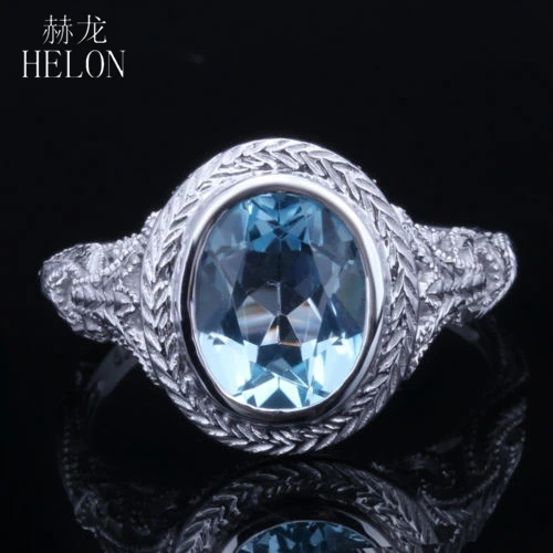 HELON Solid 10 K белое золото 2.34ct подлинный синий топаз Овальной Огранки 9x7 мм Винтаж арт-деко обручальное кольцо ювелирные изделия