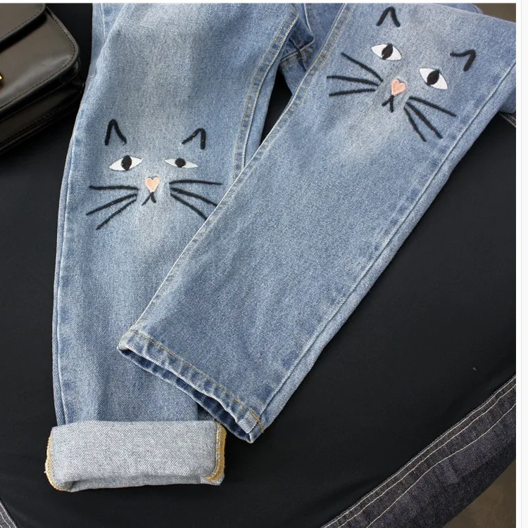 Джинсы женские Kawaii вышивка модные повседневные студенты корейский стиль Карманы женские свободные до щиколотки брюки универсальные повседневные