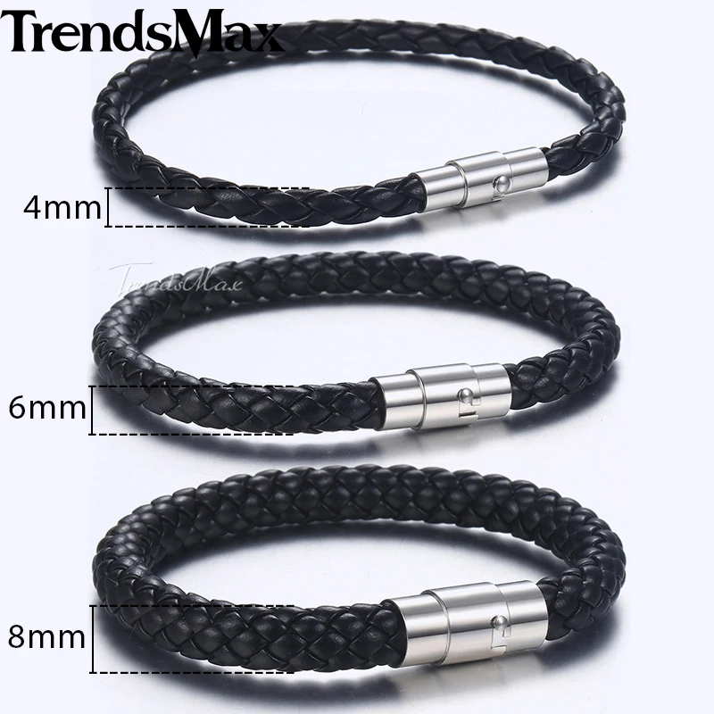 4/6/8mm Men’s Leather Bracelet Black Brown Braided Bracelets Male Jewelry Gift Stainless Steel Magnet Clasp LBM118A