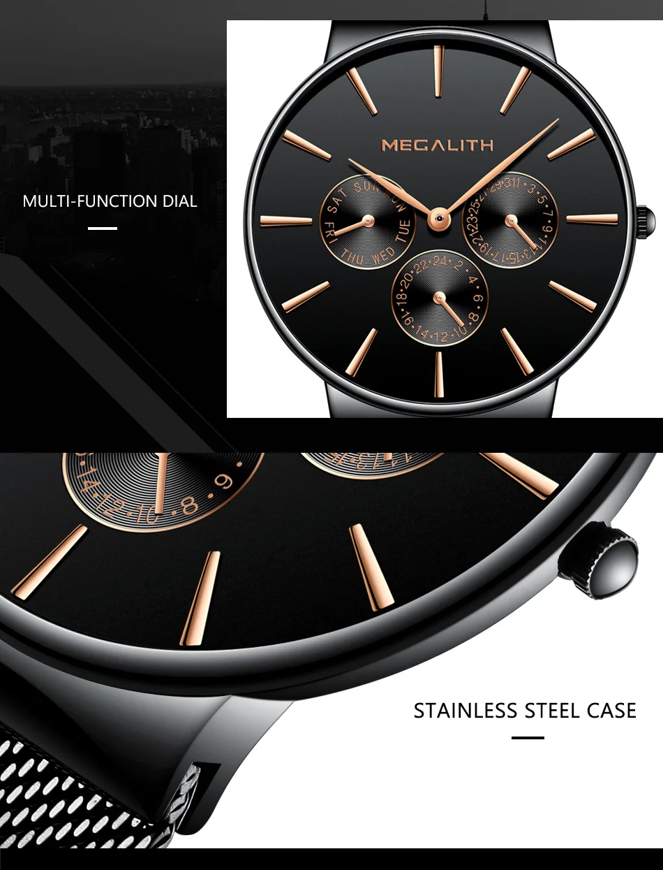 Мужские часы MEGALITH, черный стальной ремешок, сетчатый Браслет, кварцевые часы для мужчин, водонепроницаемые, с календарем, тонкий дизайн, спортивные наручные часы