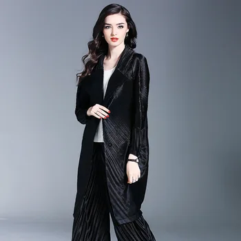 

Plus Size Trench Coat Women Spring Autumn Fashion Casual Stretch Miyake Pleats Long Outerwear Black Slim Clothes Free Shipping